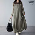 【初色】韓系拼接撞色圓領寬鬆長款花苞連衣裙連身洋裝長裙-共2色-17616(F可選) F 灰色