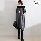 【初色】日系寬鬆垂墜撞色拼接圓領長袖連衣裙連身洋裝長裙-共2色-17620(M/L可選) M 灰色