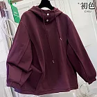 【初色】簡約純色鈕扣連帽寬鬆長袖顯瘦遮肉上衣女上衣-酒紅色-18508(M-3XL可選) M 酒紅色