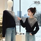 【初色】復古風美式顯瘦不規則撞色拼接圓領長袖針織衫上衣女上衣-黑灰色-18627(F可選) F 黑灰色