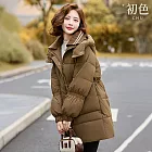 【初色】純色連帽立領長袖收腰中長款保暖棉服外套女外套-共5色-18483(M-3XL可選) M 咖啡色