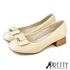 【Pretty】女 跟鞋 包鞋 中跟 粗跟 小方頭 蝴蝶結 韓國進口 JP23 米色