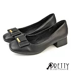 【Pretty】女 跟鞋 包鞋 中跟 粗跟 小方頭 蝴蝶結 韓國進口 JP24.5 黑色