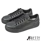 【Pretty】女 休閒鞋 綁帶 平底 皮革 顯瘦 小白鞋 全黑工作鞋 JP23.5 黑色
