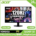 Acer SA240Y G0 24型120hz護眼螢幕(FHD,120Hz,1ms,IPS,HDMI,VGA)