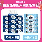 【舒潔】棉柔厚韌抽取衛生紙 90抽x6包X8串 + 舒潔濕式衛生紙補充包(40抽x16包) 兩箱優惠組