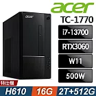 Acer 宏碁 Aspire TC-1770 家用電腦 (i7-13700/16G/2TB+512SSD/RTX3060-8G/W11)