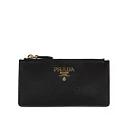 PRADA 金色浮雕Logo 防刮皮革拉鍊卡片夾/零錢包 (黑色)