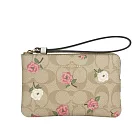 COACH CC Logo 花卉圖案塗層帆布L 型拉鍊手拿包 (淺卡其/白色)