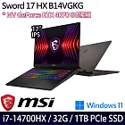 【記憶體升級】MSI微星 Sword 17 HX B14VGKG-025TW 17吋/i7-14700HX/32G/1TB SSD/RTX4070/Win11/ 電競筆電