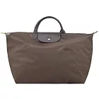 LONGCHAMP LE PLIAGE GREEN系列刺繡短把再生尼龍摺疊旅行袋(小) 大地棕