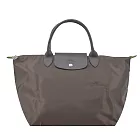 LONGCHAMP LE PLIAGE GREEN系列刺繡短把再生尼龍摺疊水餃包(中) 大地棕