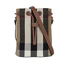 BURBERRY 格紋棉質帆布及牛皮小款束口水桶包 (灰褐色/棕色)