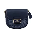 COACH 滿版LOGO翻蓋皮革馬鞍斜背包-丹寧深藍