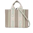 CHLOE Woody 帆布拼牛皮手提/斜背二用托特包(小)_展示品 (淺尤加利綠)