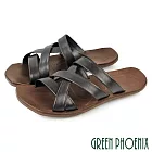 【GREEN PHOENIX】男 拖鞋 平底拖鞋 真皮 交叉 手工 室內 室外 EU39 黑色