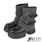 【Pretty】女 中筒靴 堆堆靴 皺皺靴 褲管靴 鯊魚靴 厚底 皮帶釦 JP23 黑色