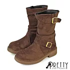 【Pretty】女 中筒靴 貼腿靴 機車靴 騎士靴 厚底 抓皺 皮帶釦 JP23 咖啡色