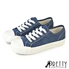 【Pretty】女 帆布鞋 休閒鞋 餅乾鞋 貝殼鞋 奶油頭 綁帶 復古 台灣製 JP23 牛仔色