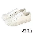 【Pretty】女 帆布鞋 休閒鞋 餅乾鞋 貝殼鞋 奶油頭 綁帶 復古 台灣製 JP23 白色