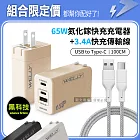 WELLY 65W氮化鎵GaN 三孔極速充電器+USB to Type-C 耐拉編織充電線(100CM) 黑色+線