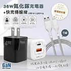 WELLY 36W氮化鎵GaN 迷你雙孔充電器+USB to Lightning 耐拉編織充電線(100CM) 黑色