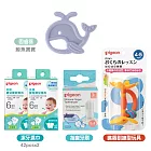 《Richell-利其爾》固齒器+貝親潔牙濕巾42入x2+矽膠指套牙刷+嘴唇訓練型玩具 鯨魚寶寶