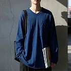 日本Antiqua｜復古質感V領口袋｜長袖T恤｜全棉輕鬆駕馭隨興造型｜實穿包色基本款｜男女適用 M-L 藍色Regular