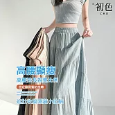 【初色】純色百搭冰絲棉麻拼接氣質高腰顯瘦蛋糕裙中長裙半身裙-共5色-12964(M-XL可選) M 藍色