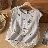 【ACheter】 森系手工縫線圓領刺繡背心棉麻上衣# 125335 M 杏色