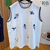 【初色】可愛小鳥刺繡輕薄拼接無袖圓領刺繡背心女背心-共2色-13680(M-2XL可選) M 白色