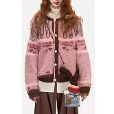 【MsMore】 粉色費爾島緹花拼接毛衣外套# 126269 FREE 玫紅色