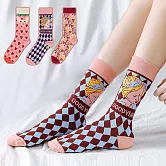 【AnZa】貓咪法式印花厚棉中筒襪(3入組)       紅色系