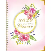 2020 Monthly and Weekly Planner: Twelve Month Calendar Planner (JAN to DEC 2020) in Luxury Golden Round Frame Decorated with Sweet Pink Roses on the C