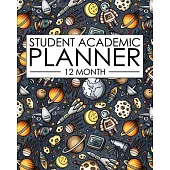 12 Month Student Academic Planner: Engineering and Space STEM themed 12-month study calendar helps elementary, high school and college students priori
