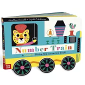 拉開火車造型摺頁遊戲書，轉一轉六個可動輪子，一起來學英文數字！