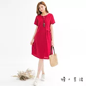 【慢。生活】中式領刺繡圖案棉麻連身裙(2色)-F　FREE紅