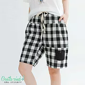 【Gentle wind】束帶格紋寬鬆短褲(2色)-F_FREE大格