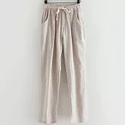 【A.Cheter】棉麻感豎條紋寬鬆抽繩鬆緊腰長褲000010L卡其