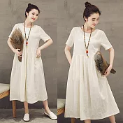 【A.Cheter】質感珍珠背扣棉麻短袖長洋裝100040L米白