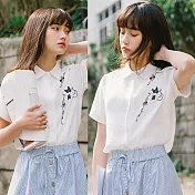 【MsMore】優雅雪紡素面花朵刺繡短袖襯衫100271L白