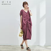 【慢。生活】抽繩抓皺繭型連身裙-F　FREE紫