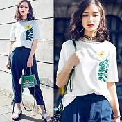 【MsMore】棉柔感立體刺繡花朵圓領短袖上衣100454-XL白