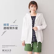 【KatieQ】棉質連帽木釦薄外套-F　FREE白色