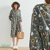 【Gentle wind】花朵春氛棉麻連身裙-F　FREE灰色