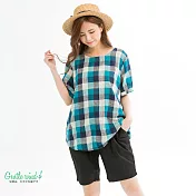 【Gentle wind】配色彩格寬上衣-F　FREE藍色