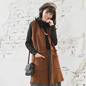 【KatieQ】毛鬚邊長背心針織罩衫-F 3201 FREE咖啡