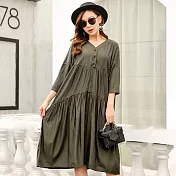 【MsMore】氣質拼接V領中長袖連衣裙101849F軍綠