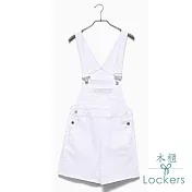 【Lockers 木櫃】 韓版可愛牛仔背帶修身短褲-3色白色