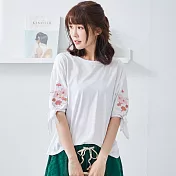 【慢。生活】雙袖刺繡綁帶彈性T-F 8301-1　FREE白色